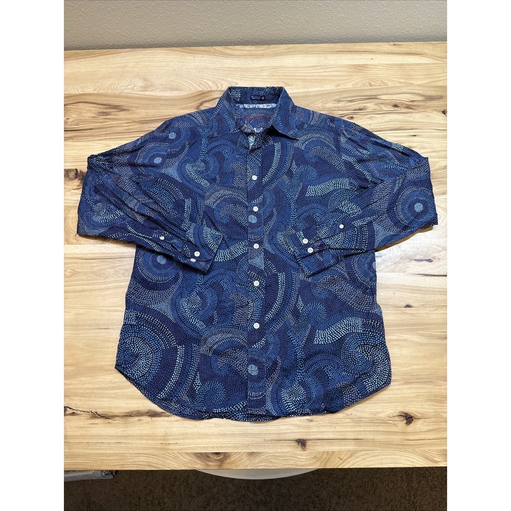 Robert Graham Mens Medium Blue Multi-Color Abstract Swirl Cotton Button Up Shirt